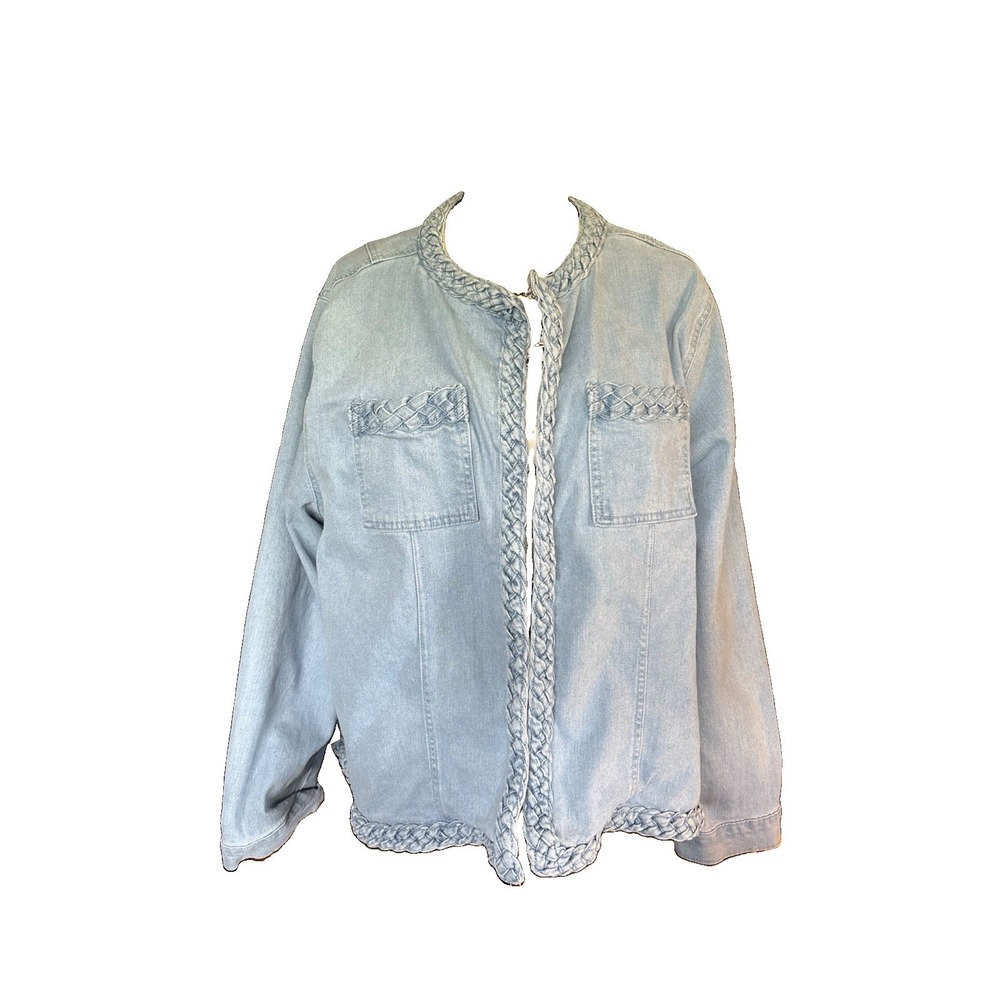 Denim Braided Trim Jacket Light Wash Denim Women's 3X Preppy Jean Jacket